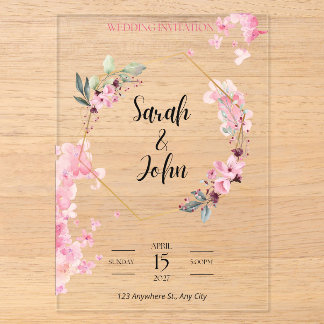 Pink Floral Geometric Gold Hexagon Art Acrylic Invitations