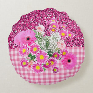 Pink Floral & Gingham Faux Glitter Round Cushion