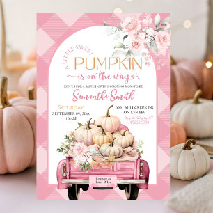 Pink Floral Gingham Pumpkin Truck Baby Shower Invitation