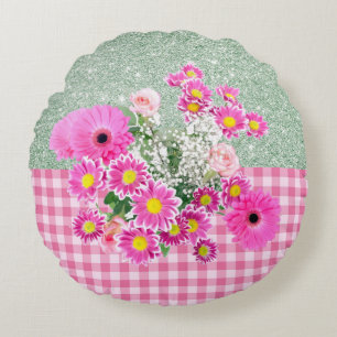 Pink Floral & Gingham Soft Green Faux Glitter Round Cushion