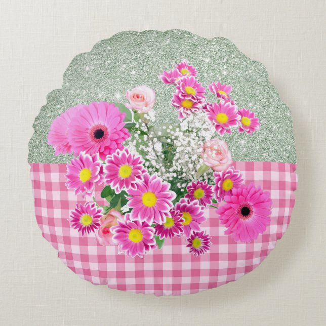 Pink Floral & Gingham Soft Green Faux Glitter Round Cushion (Front)