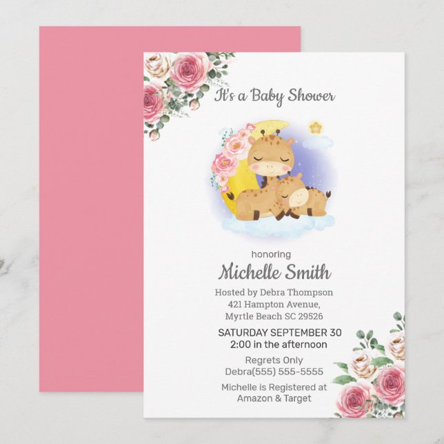 Pink Floral Giraffe Mum Baby Shower   Invitation (Front/Back)