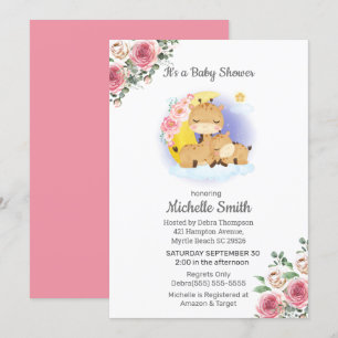Pink Floral Giraffe Mum Baby Shower Invitation