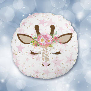Pink Floral Giraffe on Stars Round Cushion