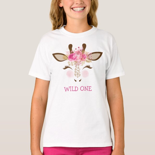 Pink Floral Giraffe Portrait T-Shirt (Front)