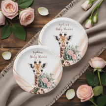 Pink Floral Giraffe Safari Baby Shower Paper Plate