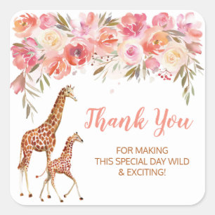 Pink Floral Giraffe Thank You Stickers