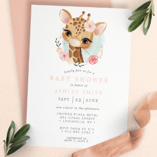 Pink Floral Giraffe Watercolor Girl Baby Shower Invitation
