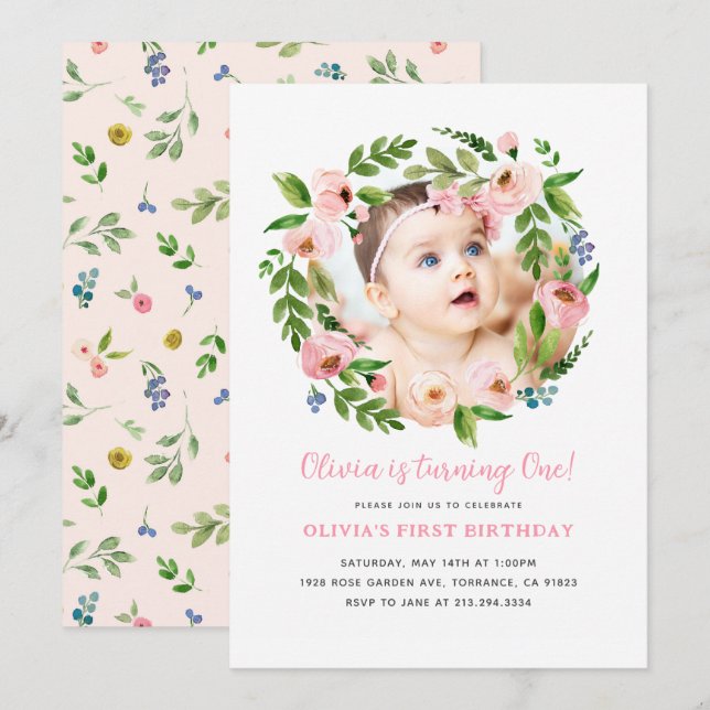Pink Floral Girl 1st Birthday Invitations | Photo (Front/Back)