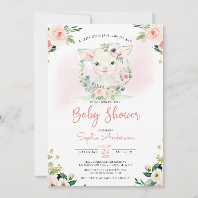Pink Floral Girl A Little Lamb Baby Shower Invitation (Front)