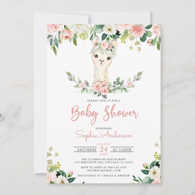 Pink Floral Girl Alpaca Llama Baby Shower Invitation (Front)