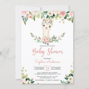 Pink Floral Girl Alpaca Llama Baby Shower Invitation