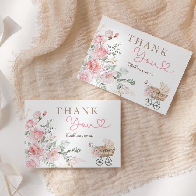 Pink Floral Girl Baby Carriage Shower Thank You Enclosure Card (Creator Uploaded)