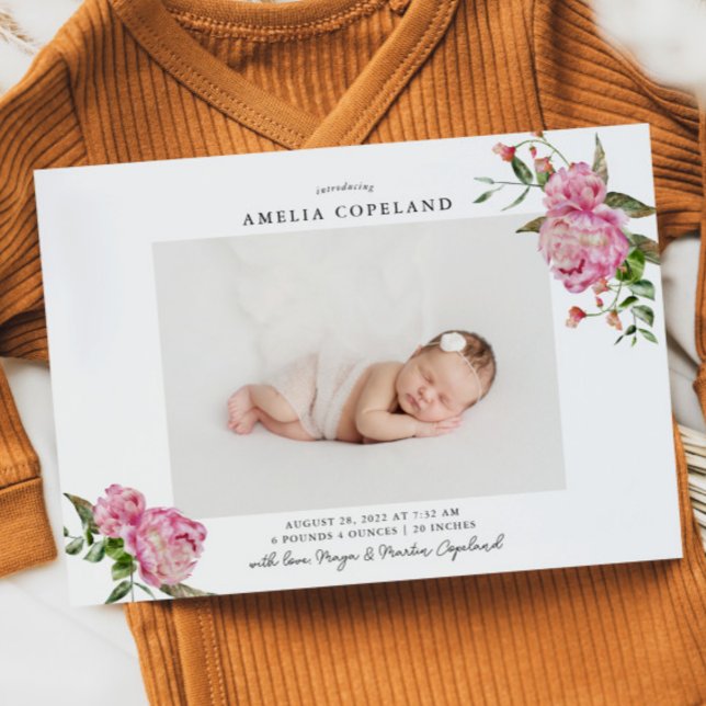 Pink Floral Girl Baby Photo Birth Announcement (Creator Uploaded)