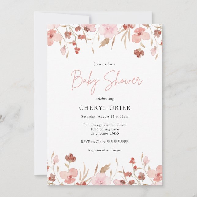Pink Floral Girl Baby Shower Invitation Card (Front)