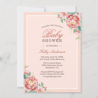Pink Floral Girl Baby Shower Invitations