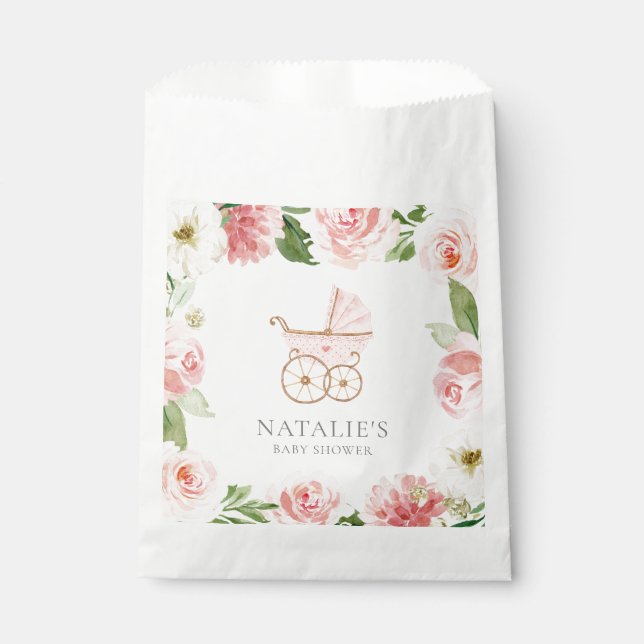 Pink Floral Girl Baby Shower Paper Favour Bags (Front)