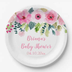 Pink Floral Girl Baby Shower Paper Plate