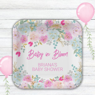 Pink Floral Girl Baby Shower Paper Plate