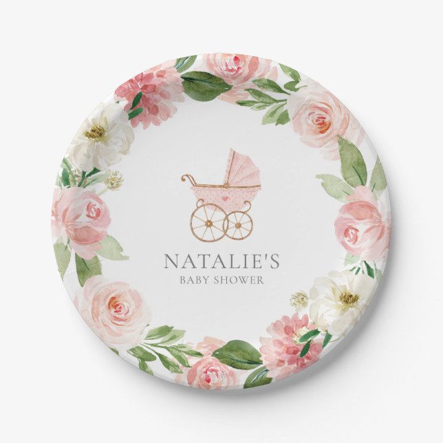 Pink Floral Girl Baby Shower Paper Plate (Front)