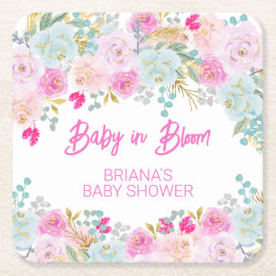 Pink Floral Girl Baby Shower Square Paper Coaster
