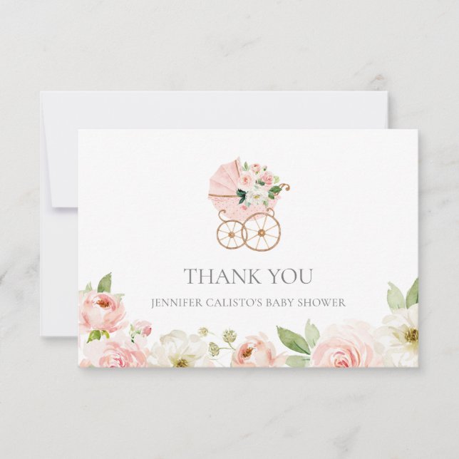 Pink Floral Girl Baby Shower Thank you Card (Front)