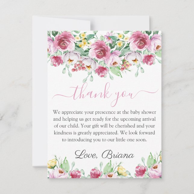Pink Floral Girl Baby Shower Thank You Card (Front)