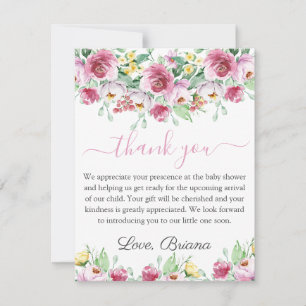 Pink Floral Girl Baby Shower Thank You Card