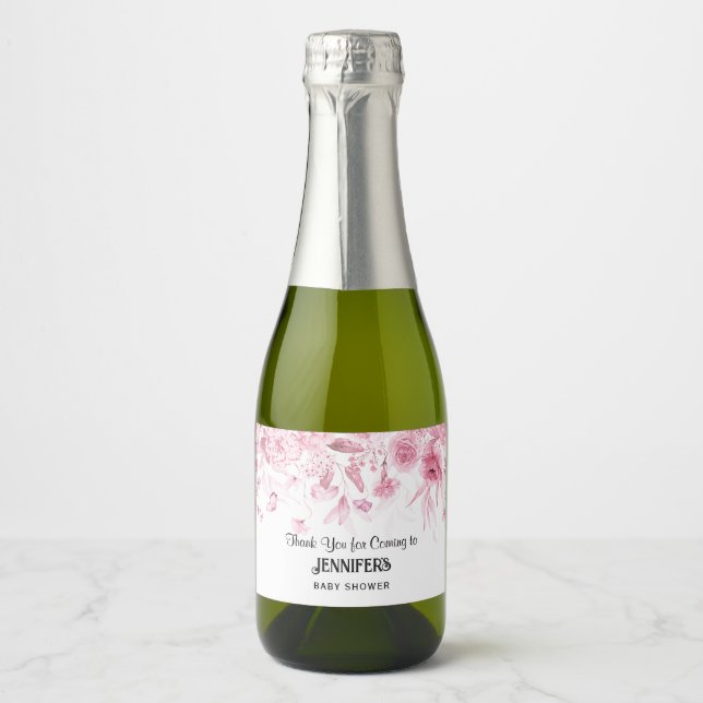 Pink Floral Girl Baby Shower Thank You Favour Sparkling Wine Label (Front)