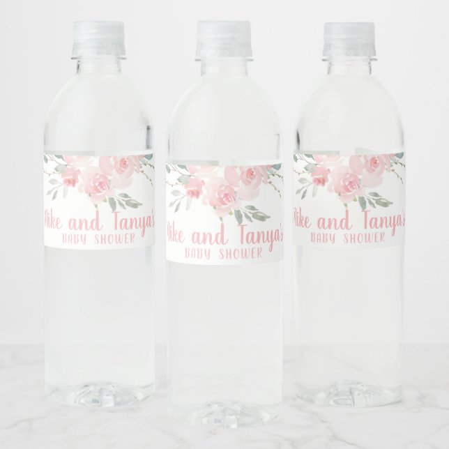 Pink floral girl baby shower water bottle labels. water bottle label (Bottles)