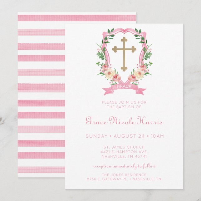 Pink Floral Girl Baptism Invitation (Front/Back)
