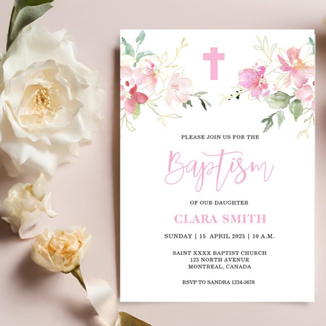 Pink Floral Girl Baptism invitation (Creator Uploaded)