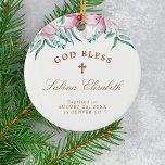 Pink floral girl baptism personalised God bless Ceramic Tree Decoration<br><div class="desc">Watercolor blush pink magnolia flowers,  green foliage,  and eucalyptus leaves and a classy handwritten style calligraphy script making a beautiful girl baptism personalised Christmas keepsake white tree ornament.</div>