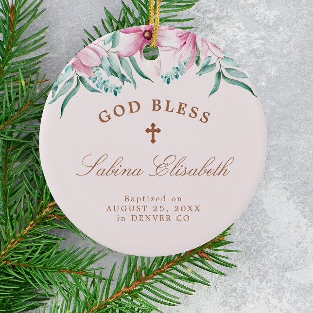 Pink floral girl baptism personalised God bless Ceramic Tree Decoration (Creator Uploaded)