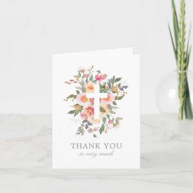 Pink Floral Girl Baptism Thank You Card (Front)