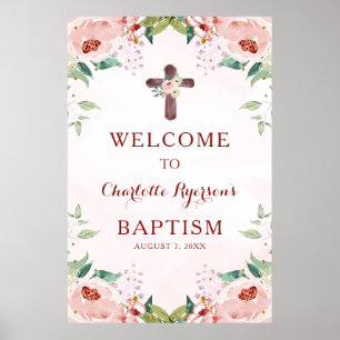 Pink Floral Girl Baptism Welcome Poster