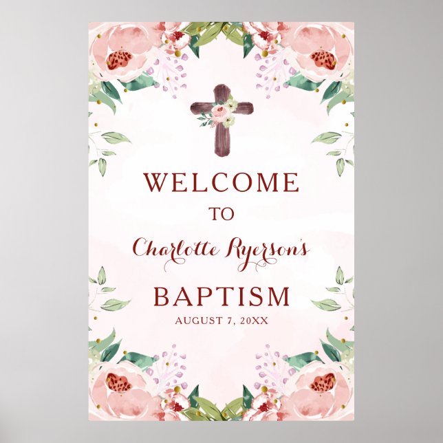Pink Floral Girl Baptism Welcome Poster (Front)