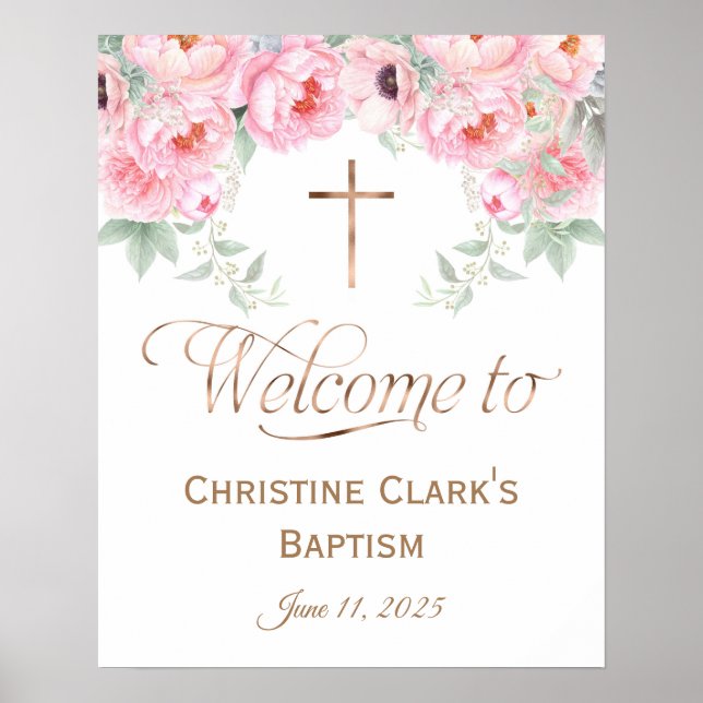 Pink, Floral, Girl, Baptism Welcome Sign, 16x20 Poster (Front)