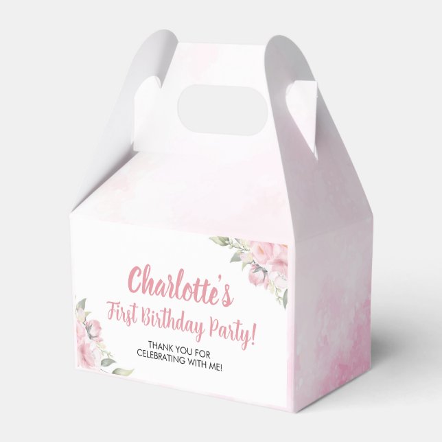 Pink Floral Girl Birthday Favour Box (Front Side)