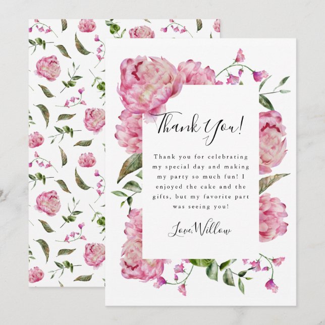 Pink Floral Girl Birthday Party   Thank You Card (Front/Back)