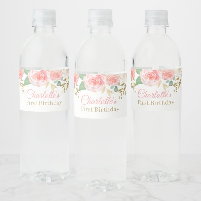 pink floral girl Birthday Water Bottle Labels (Bottles)