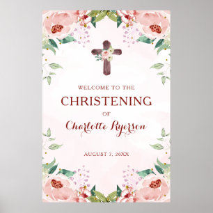 Pink Floral Girl Christening Welcome Poster