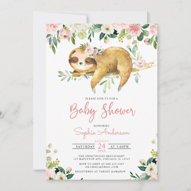 Pink Floral Girl Cute Sloth Baby Shower Invitation (Front)