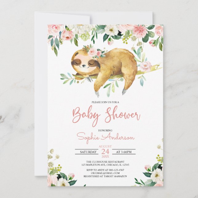 Pink Floral Girl Cute Sloth Baby Shower Invitation (Front)