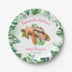 Pink Floral Girl Cute Sloth Baby Shower Paper Plat Plate