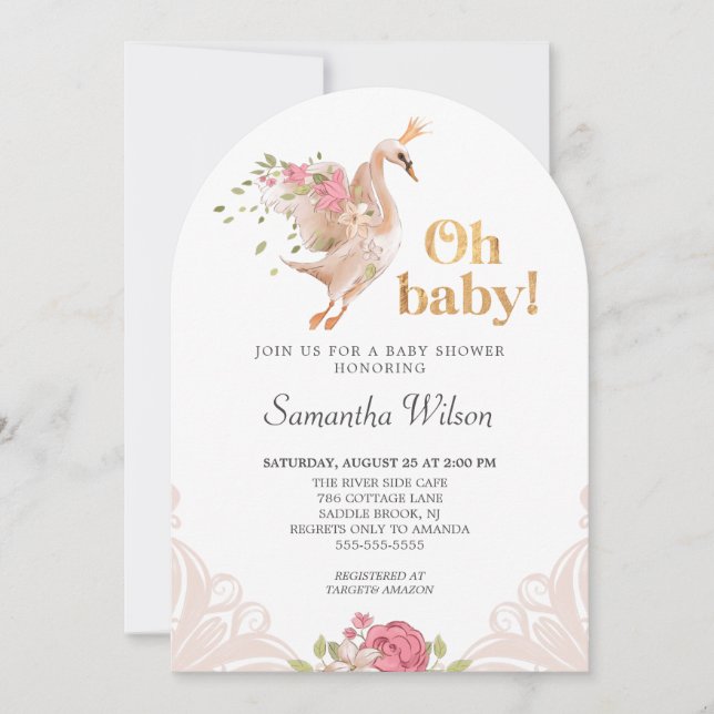 Pink Floral Girl Cute Swan Princess Baby Shower In Invitation (Front)