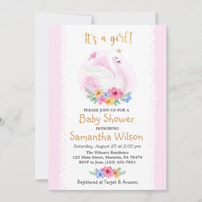 Pink Floral Girl Cute Swan Princess Baby Shower Invitation (Front)