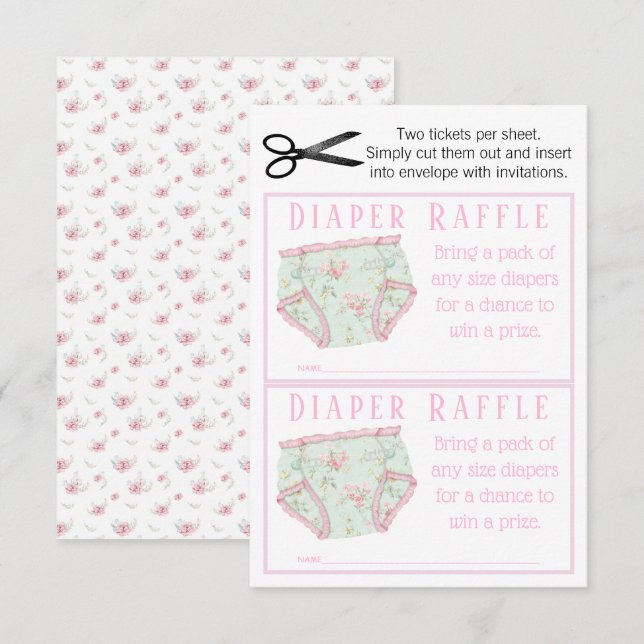 Pink Floral Girl Diaper Raffle Tickets Invitation (Front/Back)