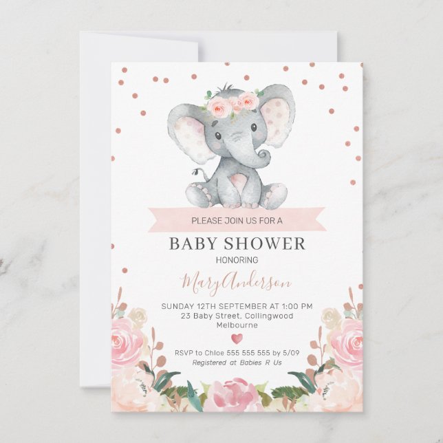 Pink Floral Girl Elephant Baby Shower Invitation (Front)