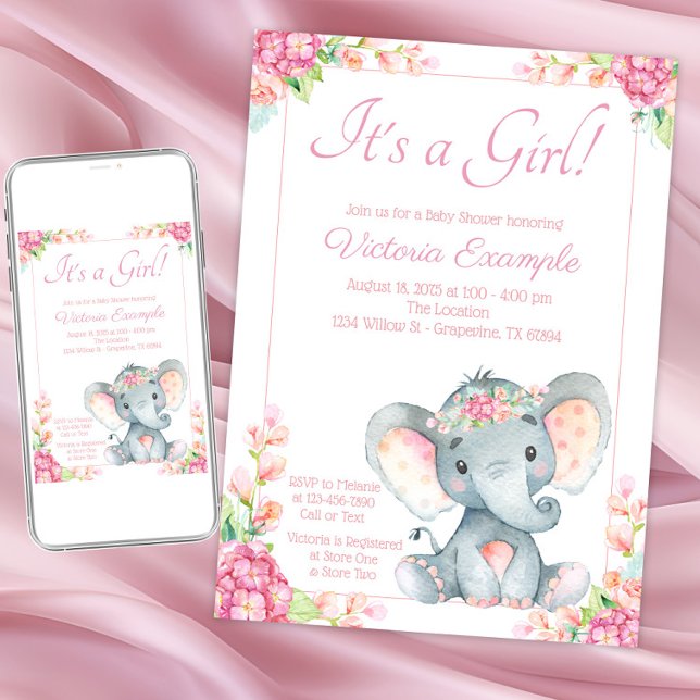 Pink Floral Girl Elephant Baby Shower Invitation (Girl elephant baby shower invitation. Instant download and printed invitations available.)